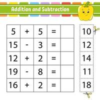 Addition and subtraction. Task for kids. Education developing worksheet. Activity page. Game for children. Funny character. Isolated vector illustration. Cartoon style.