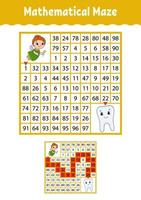 Mathematical maze. Game for kids. Funny labyrinth. Education developing worksheet. Activity page. Puzzle for children. Cartoon style. Riddle for preschool. Color vector illustration