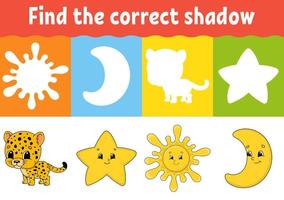 Find the correct shadow. Education developing worksheet. Matching game for kids. Activity page. Puzzle for children. Riddle for preschool. Cute character. Isolated vector illustration. Cartoon style.