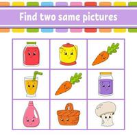 Find two same pictures. Task for kids. Education developing worksheet. Activity page. Game for children. Funny character. Isolated vector illustration. Cartoon style.