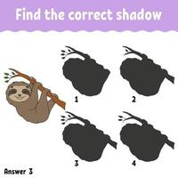 Find the correct shadow. Education developing worksheet. Matching game for kids. Activity page. Puzzle for children. Riddle for preschool. Cute character. Isolated vector illustration. Cartoon style.