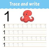 Trace and write. Handwriting practice. Learning numbers for kids. Education developing worksheet. Activity page. Game for toddlers and preschoolers. Isolated vector illustration in cute cartoon style.