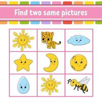 Find two same pictures. Task for kids. Education developing worksheet. Activity page. Game for children. Funny character. Isolated vector illustration. Cartoon style.