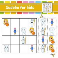 sudoku para niños. hoja de trabajo de desarrollo educativo. página de actividades con imágenes. juego de rompecabezas para niños. entrenamiento del pensamiento lógico. ilustración vectorial aislada. personaje divertido. estilo de dibujos animados. vector