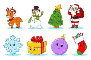Set of christmas cute cartoon characters. Deer, snowman, tree, santa claus, snowflake, gift, bauble, sock. Happy New Year. Winter stickers. Color vector illustration isolated on white background.