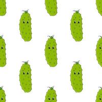 Happy cucumber. Colored seamless pattern with cute cartoon character. Simple flat vector illustration isolated on white background. Design wallpaper, fabric, wrapping paper, covers, websites.