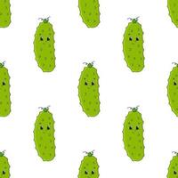 Happy cucumber. Colored seamless pattern with cute cartoon character. Simple flat vector illustration isolated on white background. Design wallpaper, fabric, wrapping paper, covers, websites.