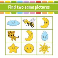 Find two same pictures. Task for kids. Education developing worksheet. Activity page. Game for children. Funny character. Isolated vector illustration. Cartoon style.