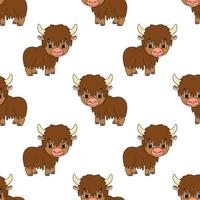 Happy yak. Colored seamless pattern with cute cartoon character. Simple flat vector illustration isolated on white background. Design wallpaper, fabric, wrapping paper, covers, websites.