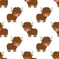 Happy yak. Colored seamless pattern with cute cartoon character. Simple flat vector illustration isolated on white background. Design wallpaper, fabric, wrapping paper, covers, websites.