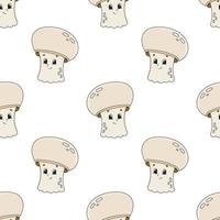 Happy mushroom. Colored seamless pattern with cute cartoon character. Simple flat vector illustration isolated on white background. Design wallpaper, fabric, wrapping paper, covers, websites.