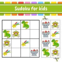 Sudoku for kids. Fairytale theme. Education developing worksheet. Activity page with pictures. Puzzle game for children. Isolated vector illustration. Funny character. Cartoon style.