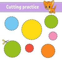 Cutting practice for kids. Education developing worksheet. Activity page with pictures. Game for children. Isolated vector illustration. Funny character. Cartoon style.