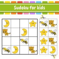 sudoku para niños. hoja de trabajo de desarrollo educativo. página de actividades con imágenes. juego de rompecabezas para niños. entrenamiento del pensamiento lógico. ilustración vectorial aislada. personaje divertido. estilo de dibujos animados. vector