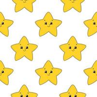Happy star. Colored seamless pattern with cute cartoon character. Simple flat vector illustration isolated on white background. Design wallpaper, fabric, wrapping paper, covers, websites.