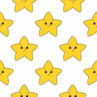 Happy star. Colored seamless pattern with cute cartoon character. Simple flat vector illustration isolated on white background. Design wallpaper, fabric, wrapping paper, covers, websites.