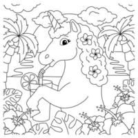 Magic fairy horse. Unicorn is drinking juice on the beach. Coloring book page for kids. Cartoon style character. Vector illustration isolated on white background.