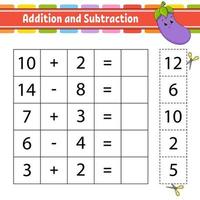 Addition and subtraction. Task for kids. Education developing worksheet. Activity page. Game for children. Funny character. Isolated vector illustration. Cartoon style.