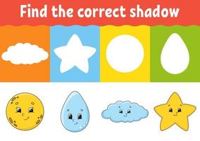 Find the correct shadow. Education developing worksheet. Matching game for kids. Activity page. Puzzle for children. Riddle for preschool. Cute character. Isolated vector illustration. Cartoon style.