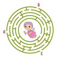 Circle maze. Game for kids. Puzzle for children. Round labyrinth conundrum. Color vector illustration. Find the right path. The development of logical and spatial thinking. Education worksheet.