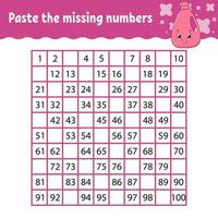 Paste the missing numbers. Handwriting practice. Learning numbers for kids. Education developing worksheet. Activity page. Game for children. Isolated vector illustration in cute cartoon style.