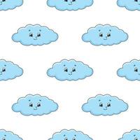 Happy cloud. Colored seamless pattern with cute cartoon character. Simple flat vector illustration isolated on white background. Design wallpaper, fabric, wrapping paper, covers, websites.