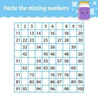 Paste the missing numbers. Handwriting practice. Learning numbers for kids. Education developing worksheet. Activity page. Game for children. Isolated vector illustration in cute cartoon style.