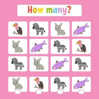 juego de conteo para niños en edad preescolar. aprender matemáticas. cuántos animales en la imagen. con espacio para respuestas. Ilustración de vector aislado plano simple en estilo de dibujos animados lindo.