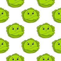 Happy cabbage. Colored seamless pattern with cute cartoon character. Simple flat vector illustration isolated on white background. Design wallpaper, fabric, wrapping paper, covers, websites.