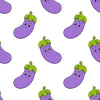 Happy eggplant. Colored seamless pattern with cute cartoon character. Simple flat vector illustration isolated on white background. Design wallpaper, fabric, wrapping paper, covers, websites.