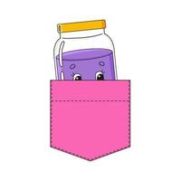 Jar of jam in shirt pocket. Cute character. Colorful vector illustration. Cartoon style. Isolated on white background. Design element. Template for your shirts, books, stickers, cards, posters.