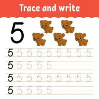 Trace and write. Handwriting practice. Learning numbers for kids. Education developing worksheet. Activity page. Game for toddlers and preschoolers. Isolated vector illustration in cute cartoon style.