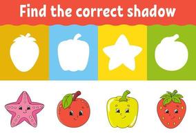 Find the correct shadow. Education developing worksheet. Matching game for kids. Activity page. Puzzle for children. Riddle for preschool. Cute character. Isolated vector illustration. Cartoon style.