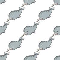 Happy narwhal. Colored seamless pattern with cute cartoon character. Simple flat vector illustration isolated on white background. Design wallpaper, fabric, wrapping paper, covers, websites.