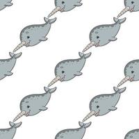 Happy narwhal. Colored seamless pattern with cute cartoon character. Simple flat vector illustration isolated on white background. Design wallpaper, fabric, wrapping paper, covers, websites.