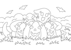 Cute ghost hugs pumpkins. Coloring book page for kids. Cartoon style character. Vector illustration isolated on white background. Halloween theme.