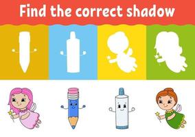 Find the correct shadow. Education developing worksheet. Matching game for kids. Activity page. Puzzle for children. Riddle for preschool. Cute character. Isolated vector illustration. Cartoon style.