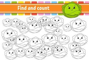 Find and count. Education developing worksheet. Activity page with pictures. Puzzle game for children. Logical thinking training. Isolated vector illustration. Funny character. Cartoon style.