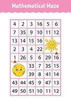 Mathematical maze. Game for kids. Number labyrinth. Education developing worksheet. Activity page. Puzzle for children. Cartoon characters. Riddle for preschool. Color vector illustration