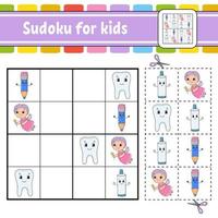 sudoku para niños. hoja de trabajo de desarrollo educativo. página de actividades con imágenes. juego de rompecabezas para niños. entrenamiento del pensamiento lógico. ilustración vectorial aislada. personaje divertido. estilo de dibujos animados. vector