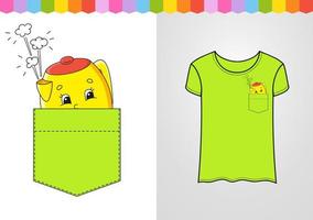 Yellow teapot in shirt pocket. Cute character. Colorful vector illustration. Cartoon style. Isolated on white background. Design element. Template for your shirts, books, stickers, cards, posters.