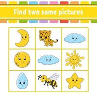 Find two same pictures. Task for kids. Education developing worksheet. Activity page. Game for children. Funny character. Isolated vector illustration. Cartoon style.