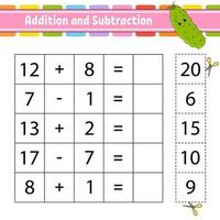 Addition and subtraction. Task for kids. Education developing worksheet. Activity page. Game for children. Funny character. Isolated vector illustration. Cartoon style.