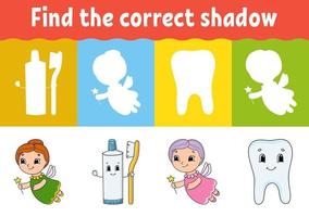 Find the correct shadow. Education developing worksheet. Matching game for kids. Activity page. Puzzle for children. Riddle for preschool. Cute character. Isolated vector illustration. Cartoon style.