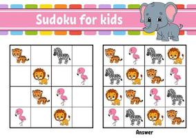 sudoku para niños. hoja de trabajo de desarrollo educativo. página de actividades con imágenes. juego de rompecabezas para niños. entrenamiento del pensamiento lógico. ilustración vectorial aislada. personaje divertido. estilo de dibujos animados. vector