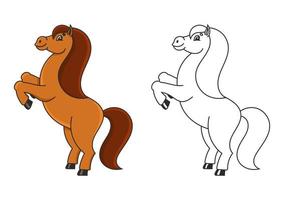 libro para colorear para niños. caballo encabritado. el animal de granja se para sobre sus patas traseras. estilo de dibujos animados. Ilustración de vector plano simple.