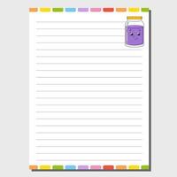 Sheet template for notebook, notepad, diary. Funny character. Isolated vector illustration. Cartoon style.