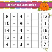 Addition and subtraction. Task for kids. Education developing worksheet. Activity page. Game for children. Funny character. Isolated vector illustration. Cartoon style.