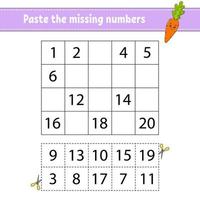 Paste the missing numbers. Handwriting practice. Learning numbers for kids. Education developing worksheet. Activity page. Game for children. Isolated vector illustration in cute cartoon style.