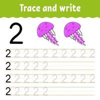 Trace and write. Handwriting practice. Learning numbers for kids. Education developing worksheet. Activity page. Game for toddlers and preschoolers. Isolated vector illustration in cute cartoon style.